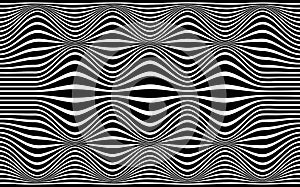 Psychedelic lines. Abstract pattern. Texture with wavy, curves stripes. Optical art background. Wave black and white design