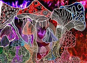 Psychedelic mushroom drawing with white pen.