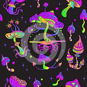 Psychedelic mushroom pattern. Magic neon shroom seamless print, trippy dope trance fairy fantasy dreams crazy hippie