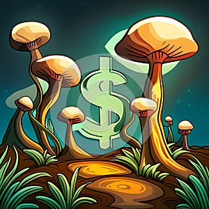 Psychedelic Mushrooms Growing Naturally With a Green Dollar Sign in Background