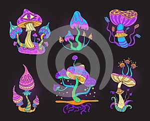 Psychedelic mushrooms. Magical mushroom psycadelic hippie trip, magic forest fungi fantasy hallucinogen potion, colorful photo