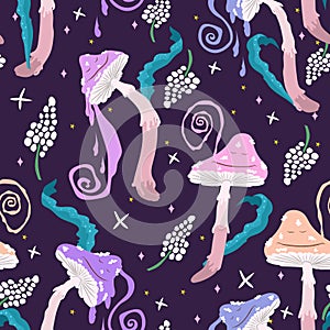 Psychedelic mushrooms seamless pattern. Magical trippy fungi.