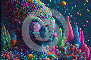 Psychedelic neon colorful alien world and alien creatures many aliens are bright vivid and colourful