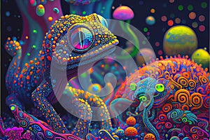 Psychedelic neon colorful alien world and alien creatures many aliens are bright vivid and colourful