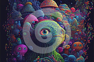 Psychedelic neon colorful alien world and alien creatures many aliens are bright vivid and colourful