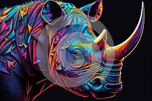 Psychedelic neon colors rhino on black background