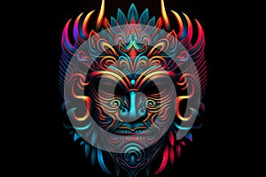 Psychedelic neon colors tribal mask on black background