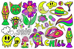 Psychedelic neon trip hipster set stickers. Retro 70s, hippie stickers, groovy sticker elements. Cartoon funky flowers