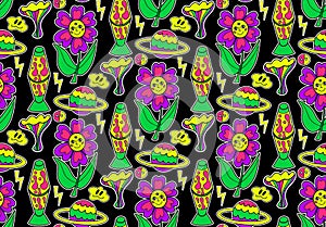 Psychedelic neon trip seamless pattern. Retro 70s groovy repeating texture. Cartoon funky flowers, rainbow, acid hippy