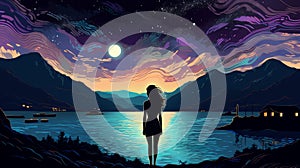 Psychedelic Panorama: Girl Gazing At Moonlit Lake With Richly Colored Skies And Hyper-detailed Silhouette Figures