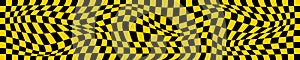 Psychedelic pattern with distorted black and orange squares. Checkered optical illusion. Warped chessboard background