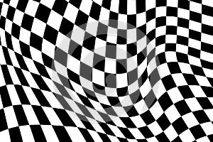 Psychedelic pattern with warped black and white squares. Distorted race flag texture. Checkered optical illusion. Wavy