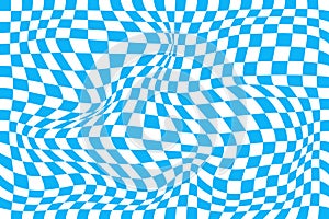 Psychedelic pattern with warped blue and white squares. Distorted chess board background. Chequered visual illusion
