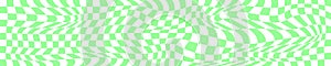 Psychedelic pattern with warped green and white squares. Distorted chess board background. Checkered optical illusion