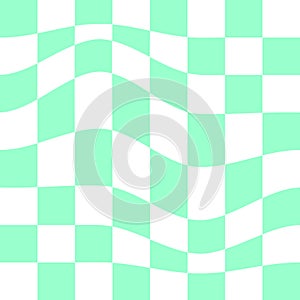 Psychedelic pattern with warped green and white squares. Distorted chess board background. Checkered optical illusion