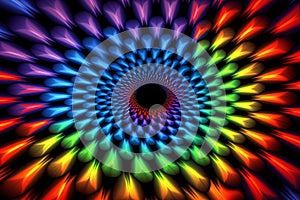 Psychedelic patterns and optical illusions in a rainbow of colors on black background