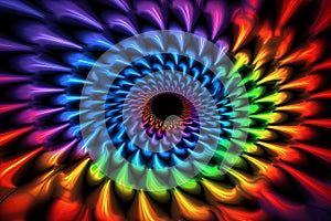 Psychedelic patterns and optical illusions in vibrant colors on black background
