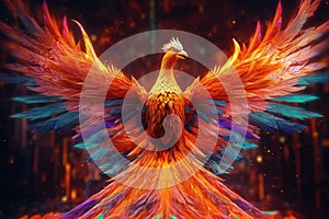 Psychedelic phoenix rising from the flames. AI generated