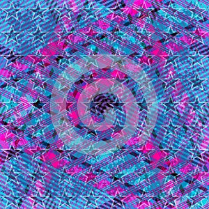 Psychedelic pink and blue lines and stars. grunge effect