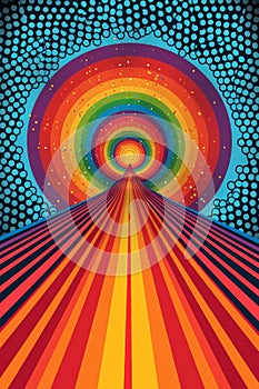 A psychedelic poster with a rainbow colored background and an abstract design, AI