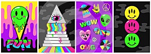 Psychedelic posters. Acid color 70s designs, surreal fantastic shapes, hippie lifestyle theme, swollen emoticons photo