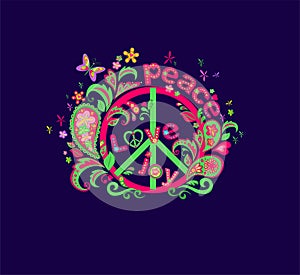Psychedelic print with hippie peace symbol, flowers ornament, love, peace and joy word, funny butterfly and paisley on navy-blue b