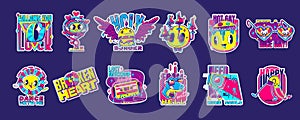 Psychedelic retro rave stickers with funny patches