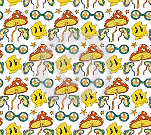 Psychedelic 70s seamless pattern with mushrooms and melting cartoon faces. Vector illustration