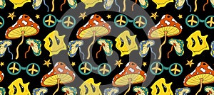 Psychedelic 70s seamless pattern with mushrooms and melting cartoon faces. Vector illustration