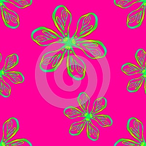 psychedelic seamless pattern illustration of a floral neon pink turquoise blue background photo