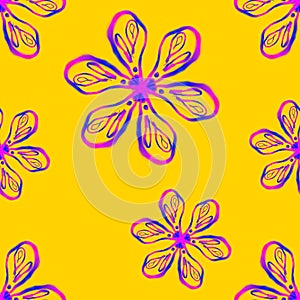 psychedelic seamless pattern illustration of a floral neon pink yellow background photo