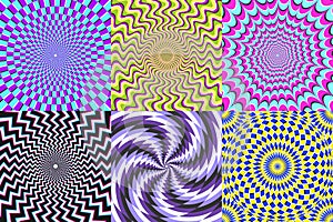 Psychedelic spiral. Optical illusion, delusion spirals and colorful abstraction hypnosis spiral vector illustration set