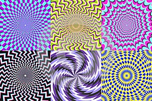 Psychedelic spiral. Optical illusion, delusion spirals and colorful abstraction hypnosis spiral vector illustration set