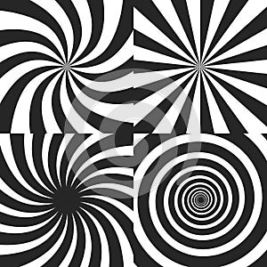 Psychedelic spiral with radial rays, twirl, twisted comic effect, vortex backgrounds - vector set