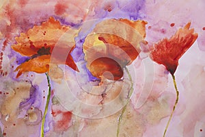 Psychedelic splashed poppies watercolour painting