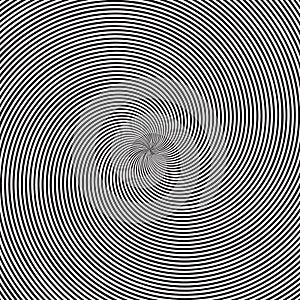 Psychedelic square background with circular black and white swirl, helix or twist. Backdrop with round optical illusion