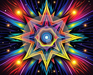 a psychedelic star with bright colors on a black background