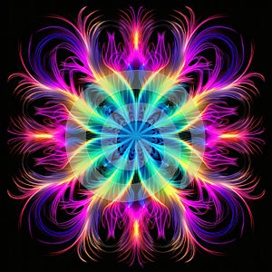 Vibrant Neon Flower Drawing With Symmetrical Patterns