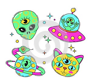 Psychedelic Stickers Feature Vibrant Colored Alien Head, Cat with Three Eyes, Planet with Snake ring and Ufo Saucer