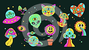 Psychedelic Stickers Pack. Ufo, Alien Head, Cat And Heart. Hallucinogenic Mushroom, Planet With Snake, Eye, Daisy Flower