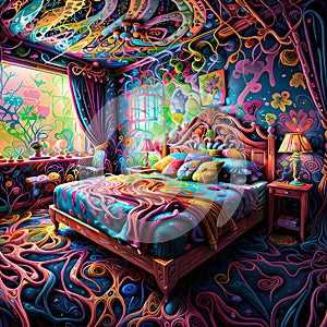 a psychedelic themed room with decor and furniture that evokes fantasy images and experiences