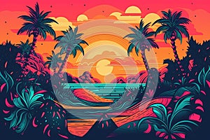 psychedelic travel poster for tropical island getaway, with palm trees and sun