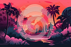 psychedelic travel poster for tropical island getaway, with palm trees and sun