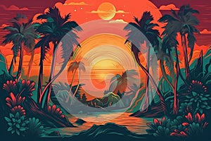 psychedelic travel poster for tropical island getaway, with palm trees and sun