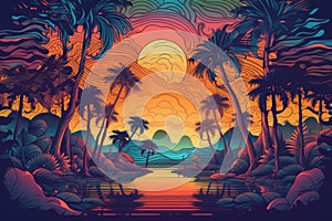 psychedelic travel poster for tropical island getaway, with palm trees and sun