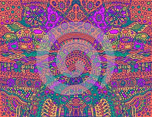 Psychedelic tribal acid color symmetrical background. Colorful fantastic cartoon doodle ornament. Vector illustration