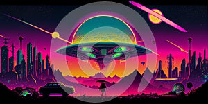 Psychedelic trippy alien cartoon 70s, rave style, acid color. Retrowave concept. AI Generative