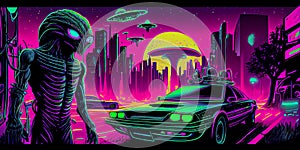 Psychedelic trippy alien cartoon 70s, rave style, acid color. Retrowave concept. AI Generative