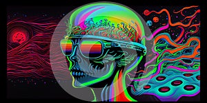 Psychedelic trippy alien cartoon 70s, rave style, acid color. Retrowave concept. AI Generative