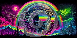 Psychedelic trippy alien cartoon 70s, rave style, acid color. Retrowave concept. AI Generative